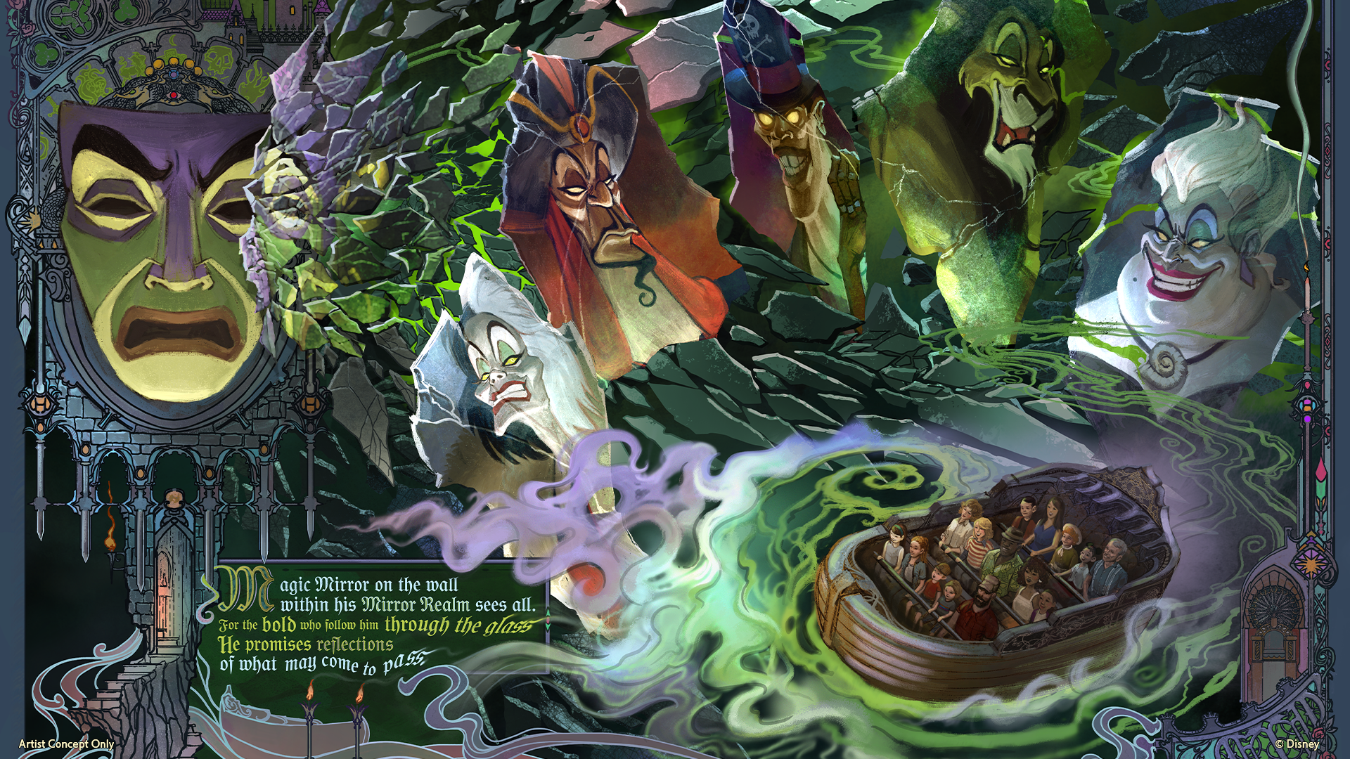 Arte conceptual del dark ride del Espejo Mágico en Villains Land